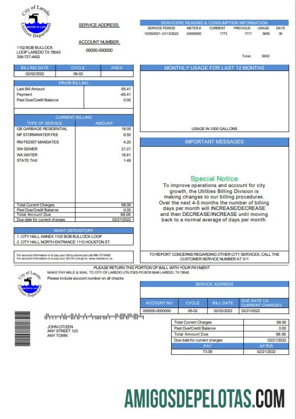 Em branco modelo de conta de serviços públicos de água do Departamento de Utilidades da cidade de Laredo, Texas, EUA, em formato Word e PDF